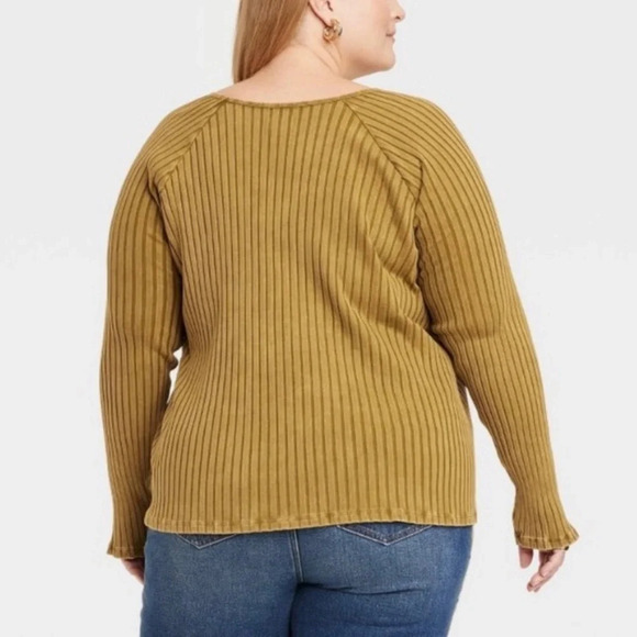 Slim Fit Ribbed Top XL Olive Green Cotton Stretch Grunge Aesthetic Boho Chic - Picture 5 of 11